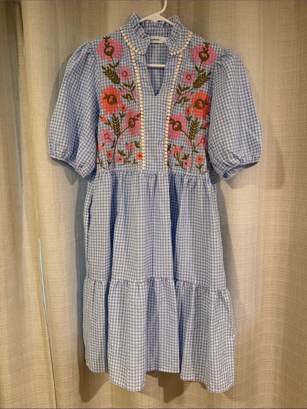 Blue Gingham Floral Embroidered Tiered Dress